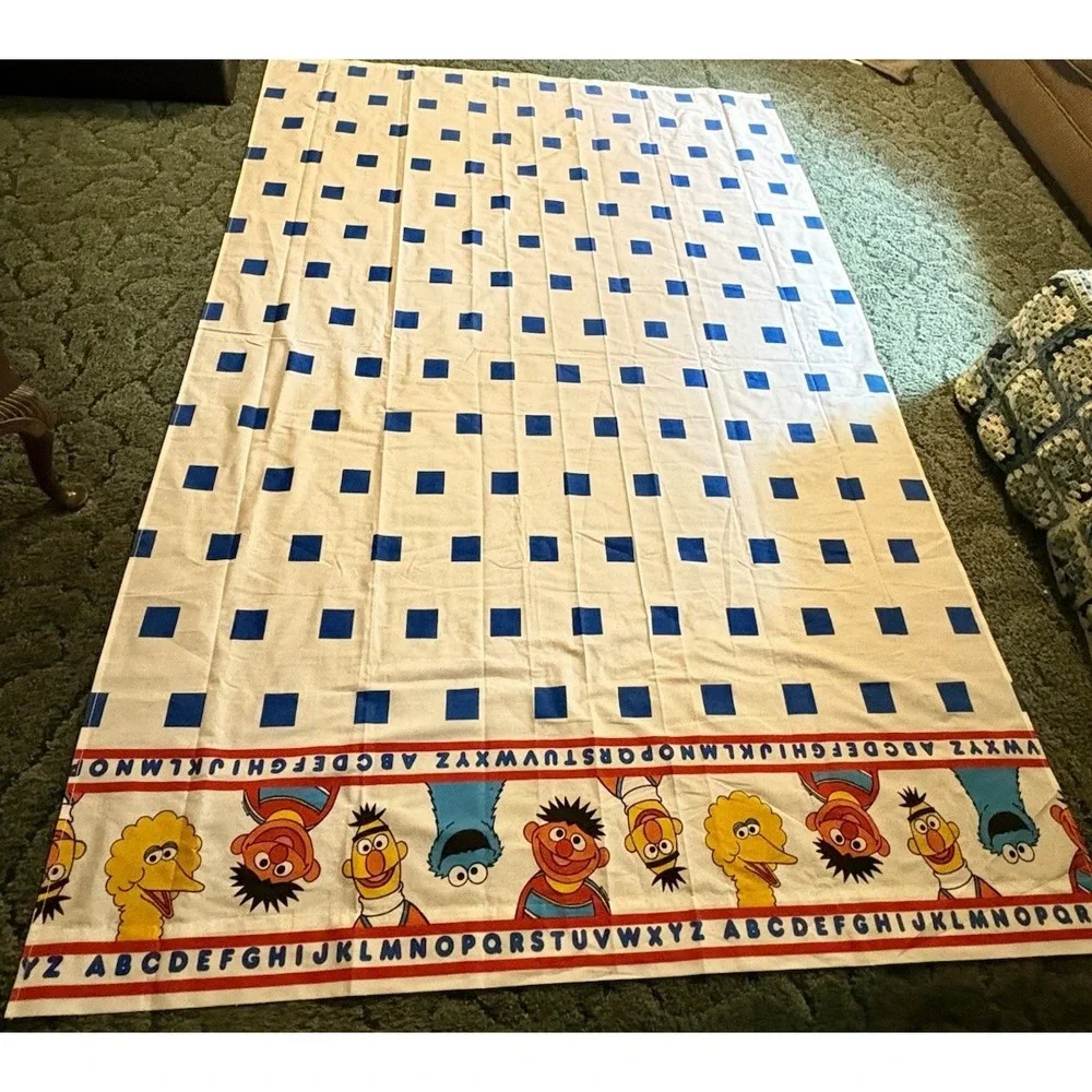 VTG Sesame Street Twin Size Flat Sheet Characters ABCs Blue Checkers Classic